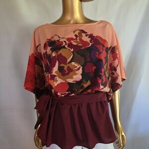 New York & Company Pink Floral Blouse with Burgundy Tie Waist